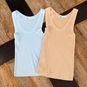 Zara Light Blue and Tan Ribbed Tank Tops. Size S.